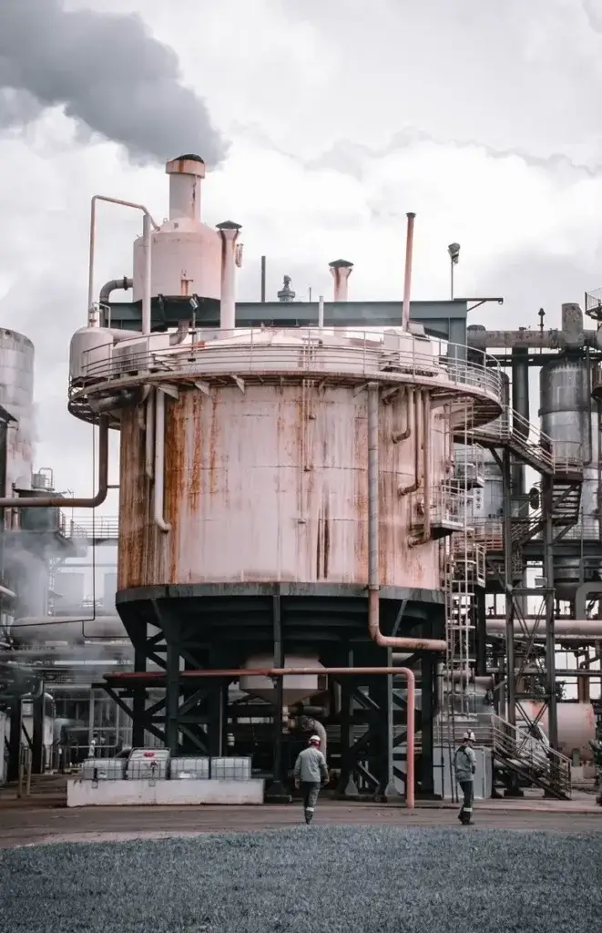 Rusty industrial tank emitting smoke with workers on site, showcasing pollution and industry.