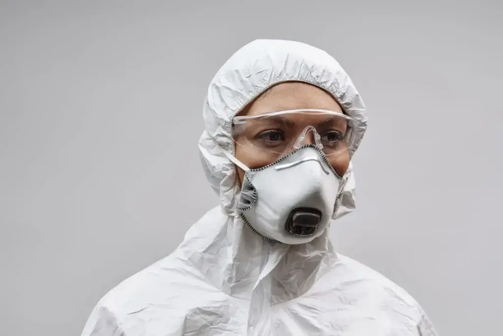 Medizinisches Fachpersonal, das zum Schutz vor Viren vollständige PSA, einschließlich Maske und Schutzbrille, trägt.