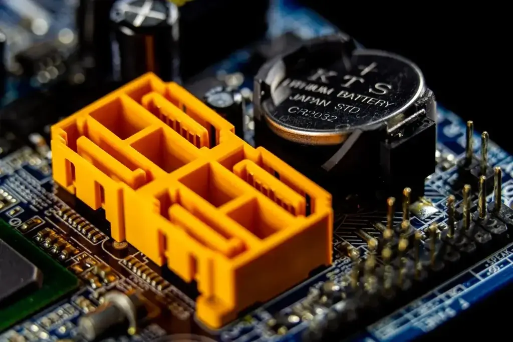 Nahaufnahme eines Motherboards mit sichtbaren elektronischen Bauteilen und Anschlüssen.
